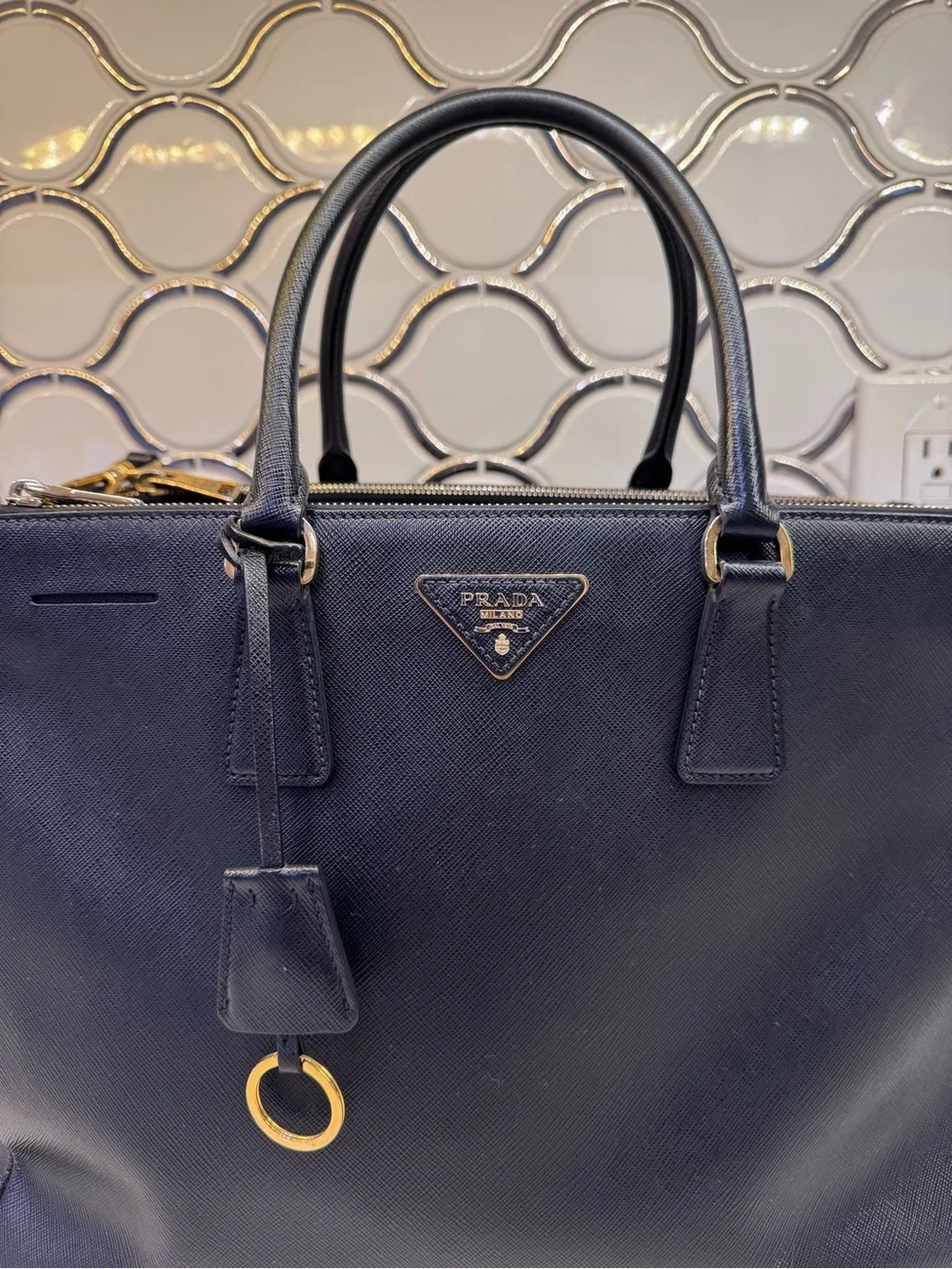 Authentic Prada Black Saffiano Leather Galleria Crossbody Bag with Gold Hardware